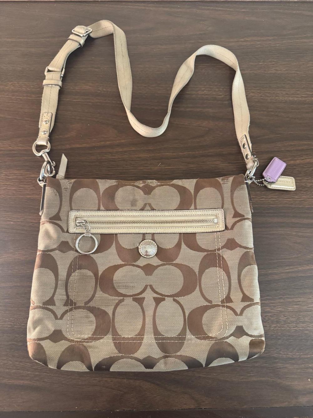 Vintage Y2K Coach Signature Jacquard Shoulder Bag Brown Tan Metallic Leather